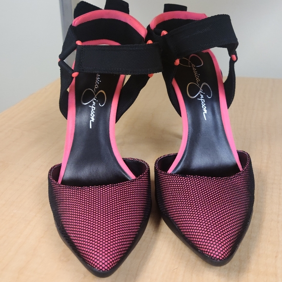 Neon Pink & Black Ankle Strap Pumps - Picture 2 of 10